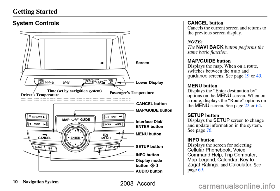 HONDA ACCORD 2008 8.G Navigation Manual 
10Navigation System
Getting Started
System Controls
CANCEL button
SETUP button
INFO button Interface Dial/ 
ENTER button
MENU button
AUDIO button MAP/GUIDE button Lower Display Screen
Display mode 
b