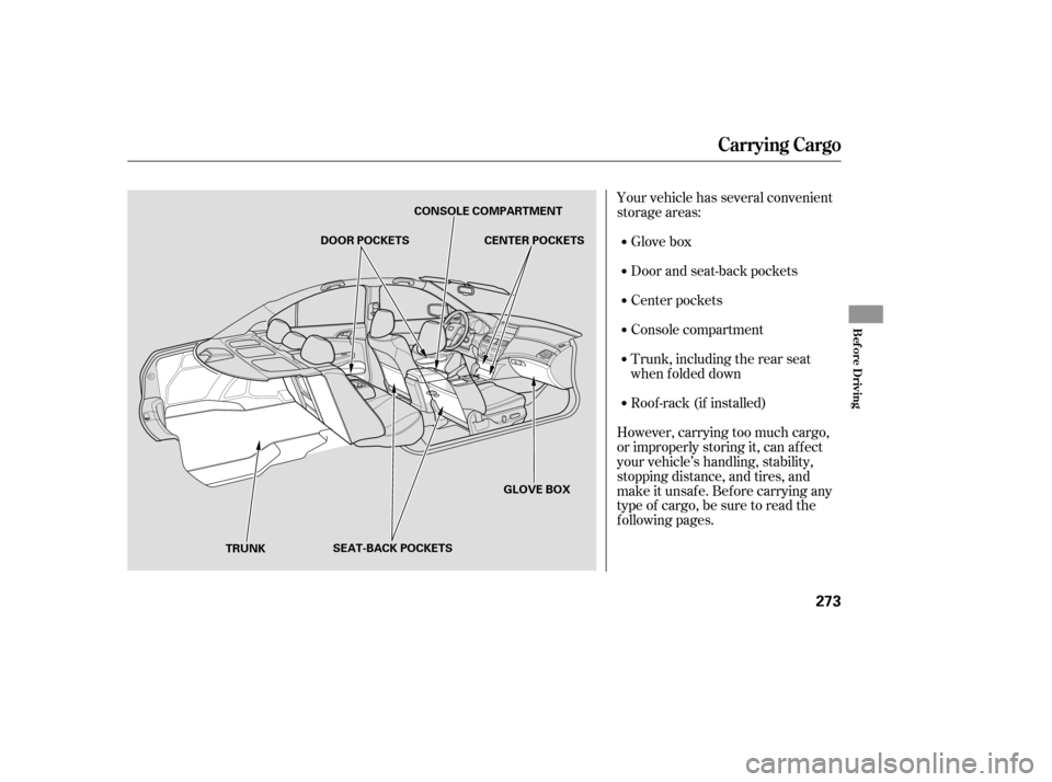 HONDA ACCORD 2008 8.G Owners Manual Your vehicle has several convenient 
storage areas:Glove box 
Door and seat-back pockets 
Roof -rack (if installed)
However, carrying too much cargo, 
or improperly storing it, can af f ect
your vehic