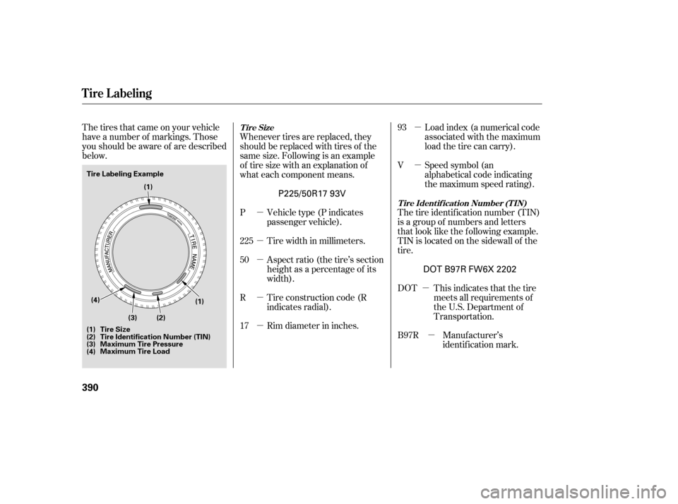 HONDA ACCORD 2008 8.G Owners Manual µ µ µ µµ
µ µµ
µ
The tires that came on your vehicle 
have a number of markings. Those
you should be aware of are described
below.
Manuf acturer’s
identification mark.
This indicate