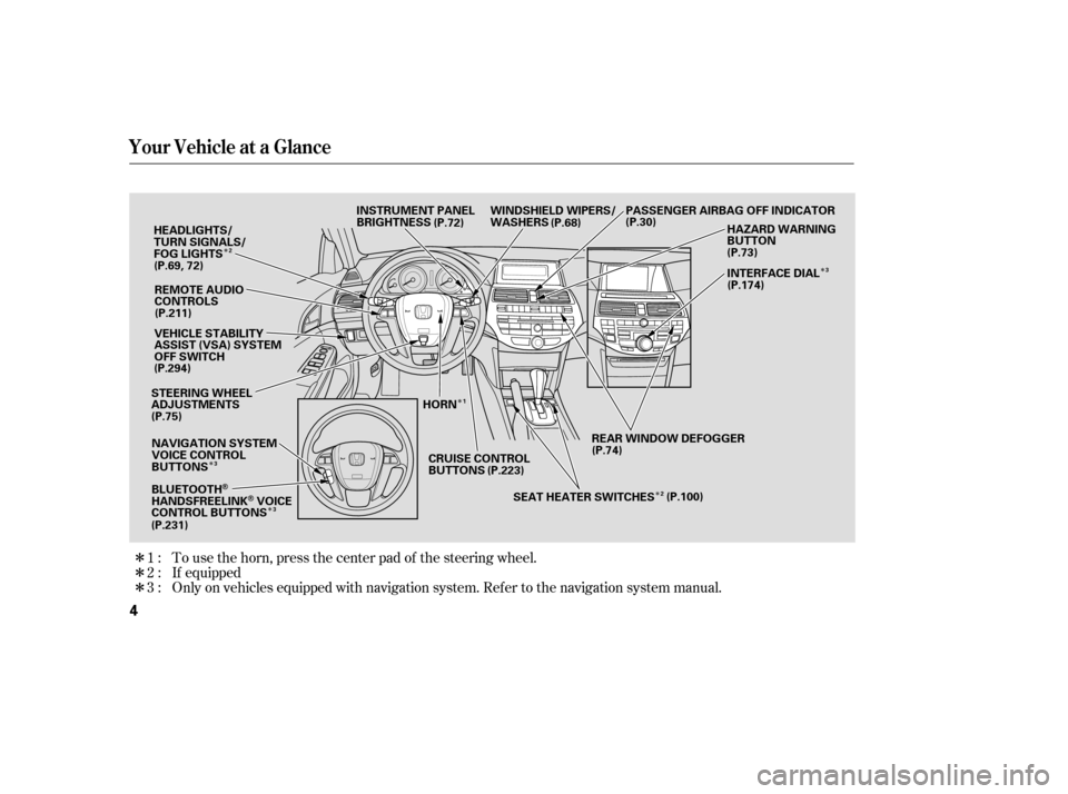 HONDA ACCORD 2008 8.G Owners Manual Î
Î Î
Î
Î Î
Î
Î Î
Only on vehicles equipped with navigation system. Ref er to the navigati
on system manual.
If equipped
To use the horn, press the center pad of the steering wheel.
