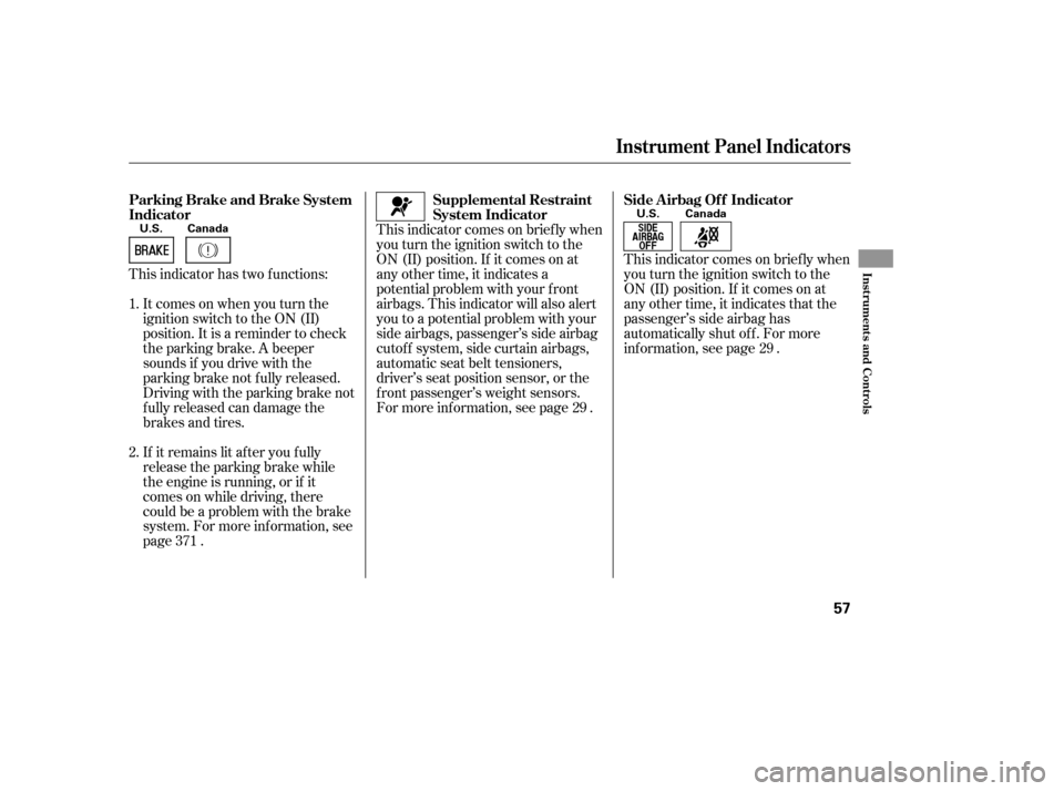 HONDA ACCORD 2008 8.G Owners Manual This indicator comes on brief ly when 
you turn the ignition switch to the
ON (II) position. If it comes on at
any other time, it indicates a
potential problem with your f ront
airbags. This indicator