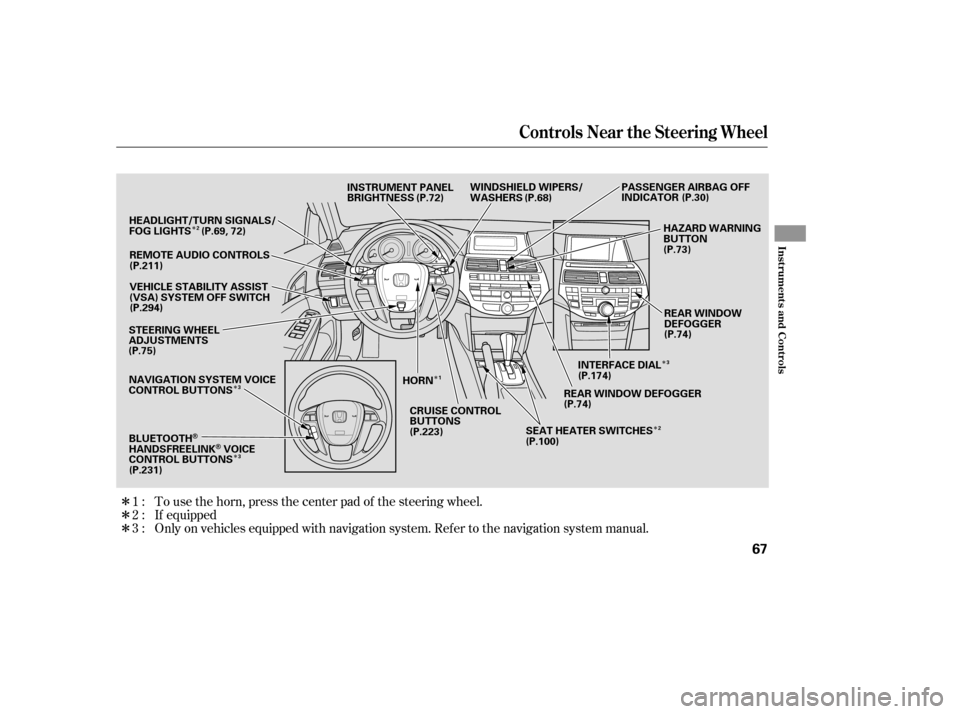HONDA ACCORD 2008 8.G Owners Manual ÎÎ
Î
Î
Î
Î
Î ÎÎ If equipped
Only on vehicles equipped with navigation system. Ref er to the navigati
on system manual.
To use the horn, press the center pad of the steering wheel.
1: