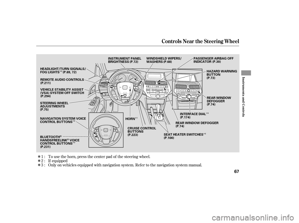 HONDA ACCORD 2008 8.G Manual Online ÎÎ
Î
Î
Î
Î
Î ÎÎ If equipped
Only on vehicles equipped with navigation system. Ref er to the navigati
on system manual.
To use the horn, press the center pad of the steering wheel.
1: