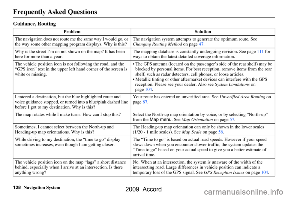 HONDA ACCORD 2009 8.G Navigation Manual 
128Navigation System
Frequently Asked Questions
Guidance, Routing
Problem Solution
The navigation does not route me  the same way I would go, or 
the way some other mapping progr am displays. Why is 