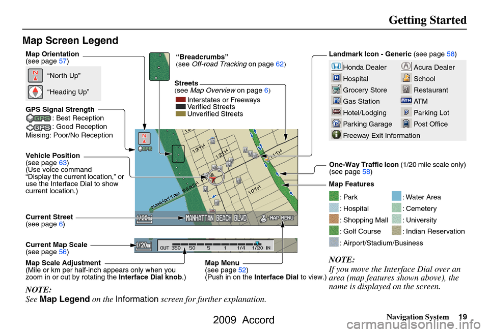 HONDA ACCORD 2009 8.G Navigation Manual Navigation System19
Getting Started
Map Screen Legend
Acura Dealer 
School
Restaurant
AT M
Parking Lot
Post OfficeHonda Dealer
Hospital
Grocery Store
Gas Station
Hotel/Lodging
Parking Garage
Freeway E
