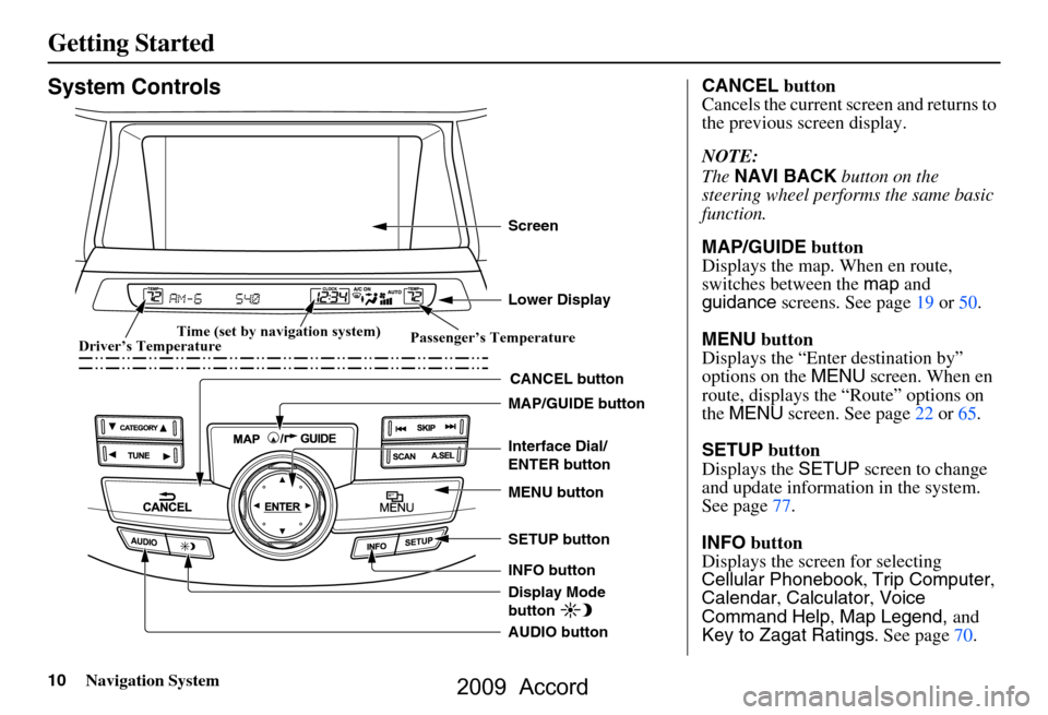 HONDA ACCORD 2009 8.G Navigation Manual 
10Navigation System
Getting Started
System Controls
CANCEL button
SETUP button
INFO button Interface Dial/ 
ENTER button
MENU button
AUDIO button MAP/GUIDE button Lower Display Screen
Display Mode 
b