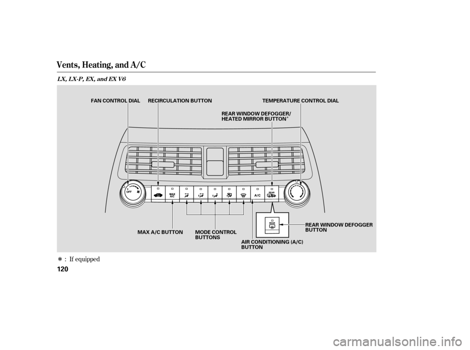 HONDA ACCORD 2009 8.G Owners Manual Î
Î
: If equipped
Vents, Heating, and A/C
LX,LX-P,EX,andEXV6
120
MODE CONTROL 
BUTTONS
FAN CONTROL DIAL RECIRCULATION BUTTON TEMPERATURE CONTROL DIAL
MAX A/C BUTTON AIR CONDITIONING (A/C)
BUTTON
R