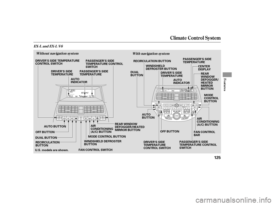 HONDA ACCORD 2009 8.G Owners Manual Climat e Cont rol Syst em
With navigation system
Without navigation system
EX-L and EX-L V6
Features
125
AUTO BUTTON AUTO 
INDICATOR
DRIVER’S SIDE
TEMPERATURE
OFF BUTTON
DUAL BUTTON RECIRCULATION
BU