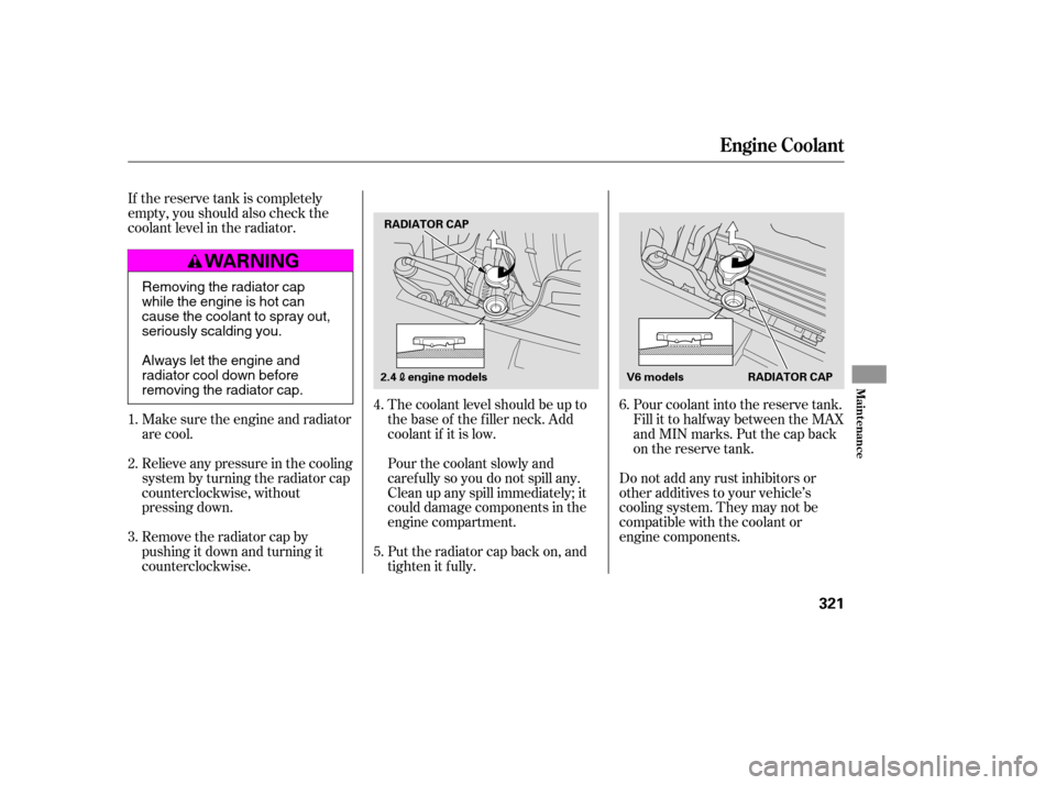 HONDA ACCORD 2009 8.G Owners Manual The coolant level should be up to 
the base of the f iller neck. Add
coolant if it is low. 
Pourthecoolantslowlyand 
caref ully so you do not spill any.
Clean up any spill immediately; it
could damage