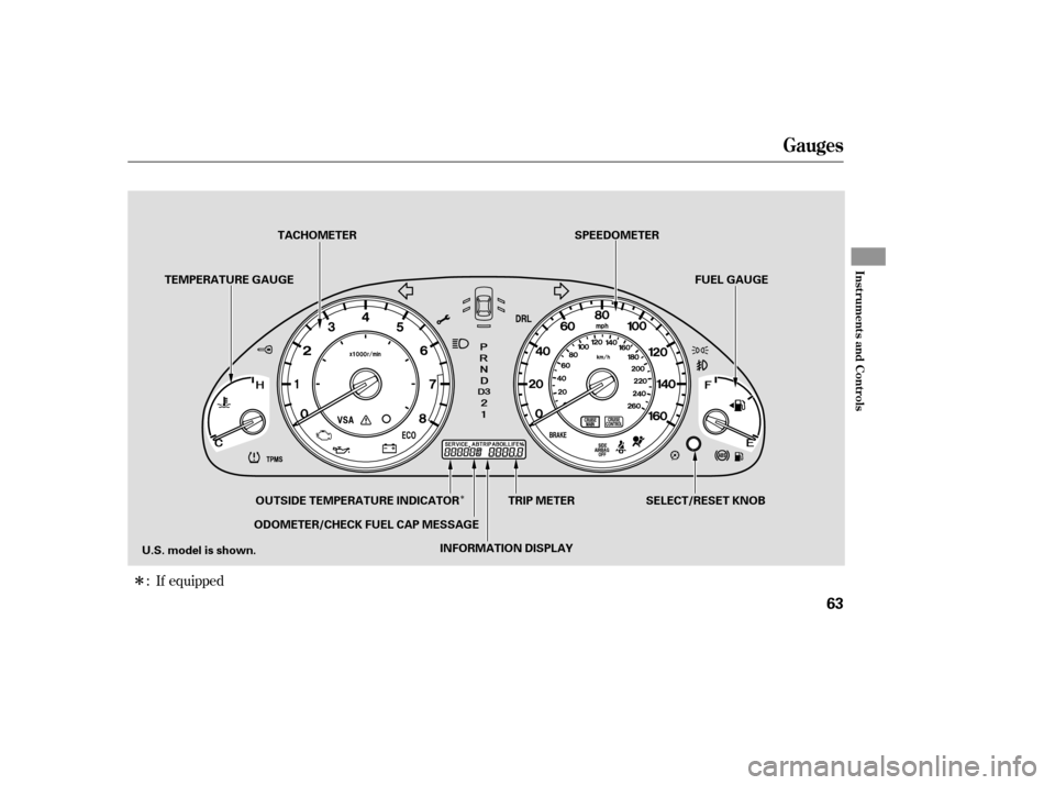 HONDA ACCORD 2009 8.G Owners Manual Î
ÎIf equipped
:
Gauges
Inst rument s and Cont rols
63
SELECT/RESET KNOB
TRIP METER
ODOMETER/CHECK FUEL CAP MESSAGE TACHOMETER
TEMPERATURE GAUGE SPEEDOMETER
FUEL GAUGE
U.S. model is shown. INFORMA