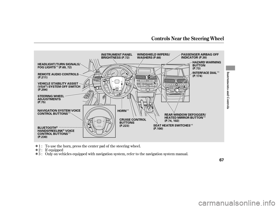 HONDA ACCORD 2009 8.G Service Manual Î
Î
Î
Î
Î ÎÎ
Î ÎÎ
If equipped
Only on vehicles equipped with navigation system, ref er to the navigati
on system manual.
To use the horn, press the center pad of the steering wheel