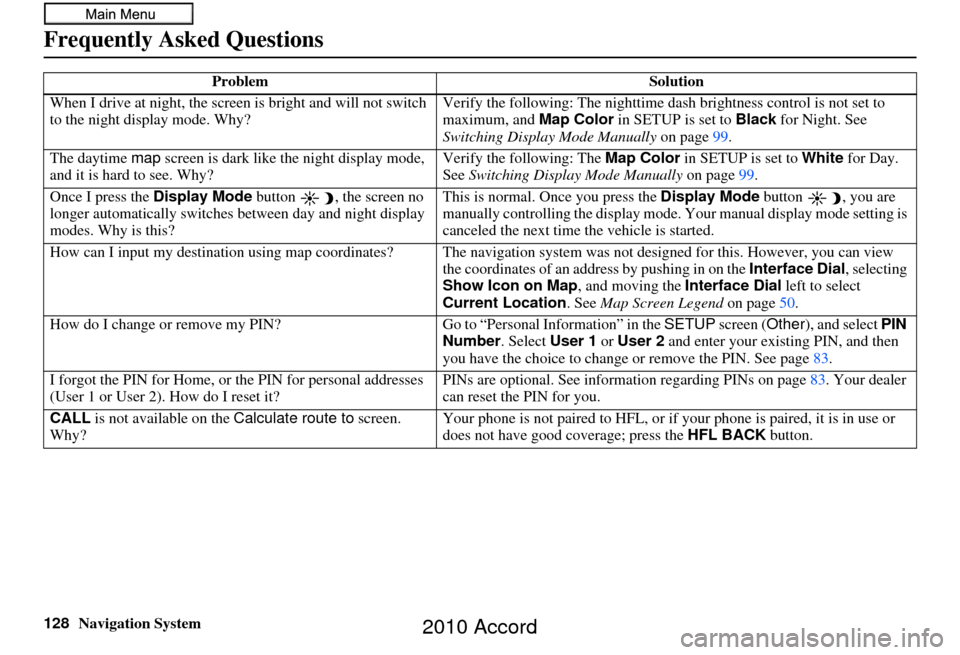 HONDA ACCORD 2010 8.G Navigation Manual 128Navigation System
Frequently Asked Questions
When I drive at night, the screen is bright and will not switch 
to the night display mode. Why? Verify the following: Th
e nighttime dash brightness co