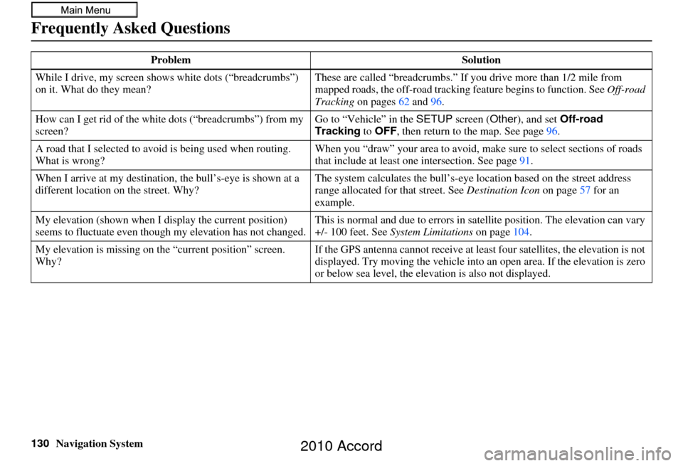 HONDA ACCORD 2010 8.G Navigation Manual 130Navigation System
Frequently Asked Questions
While I drive, my screen shows white dots (“breadcrumbs”) 
on it. What do they mean? These are called “breadcrumbs.” 
If you drive more than 1/2