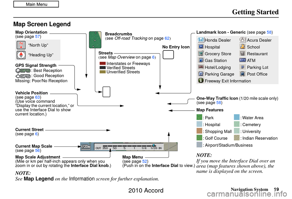 HONDA ACCORD 2010 8.G Navigation Manual Navigation System19
Getting Started
Map Screen Legend
Acura Dealer
School
Restaurant
AT M
Parking Lot
Post OfficeHonda Dealer
Hospital
Grocery Store
Gas Station
Hotel/Lodging
Parking Garage
Freeway Ex