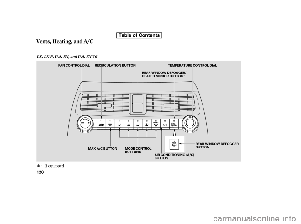 HONDA ACCORD 2010 8.G Owners Manual Î
Î
: If equipped
Vents, Heating, and A/C
L X, L X-P, U.S. EX, and U.S. EX V6
120
MODE CONTROL 
BUTTONS
FAN CONTROL DIAL RECIRCULATION BUTTON TEMPERATURE CONTROL DIAL
MAX A/C BUTTON AIR CONDITIONI