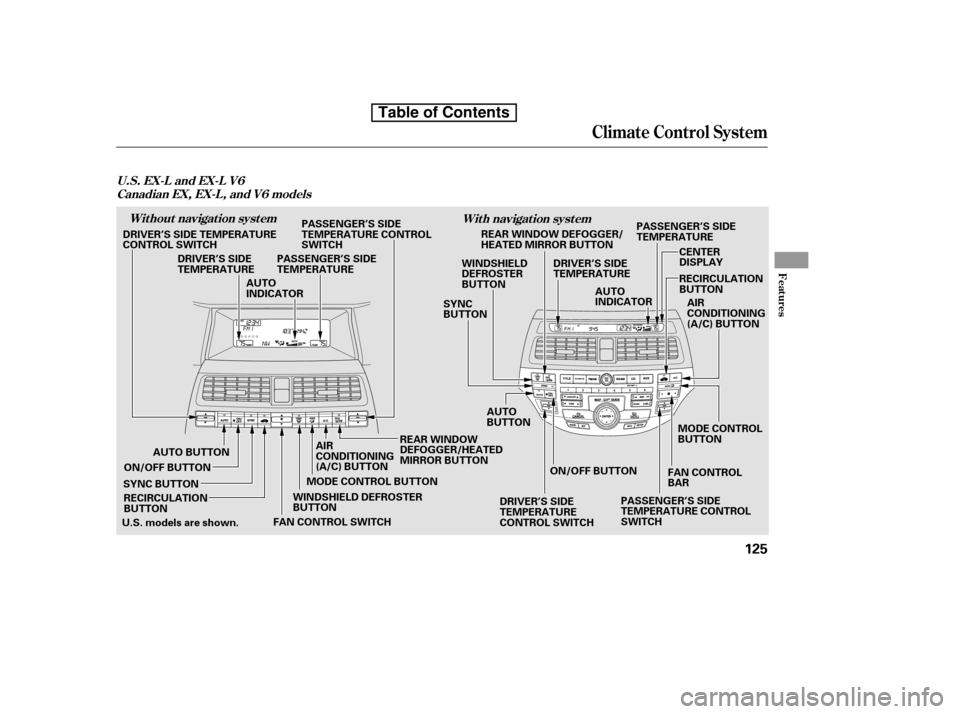 HONDA ACCORD 2010 8.G Owners Manual Climat e Cont rol Syst em
With navigation system
U.S. EX-L and EX-L V6
Without navigation system
Canadian EX, EX-L, and V6 models
Features
125
AUTO BUTTON AUTO 
INDICATOR
DRIVER’S SIDE
TEMPERATURE
R