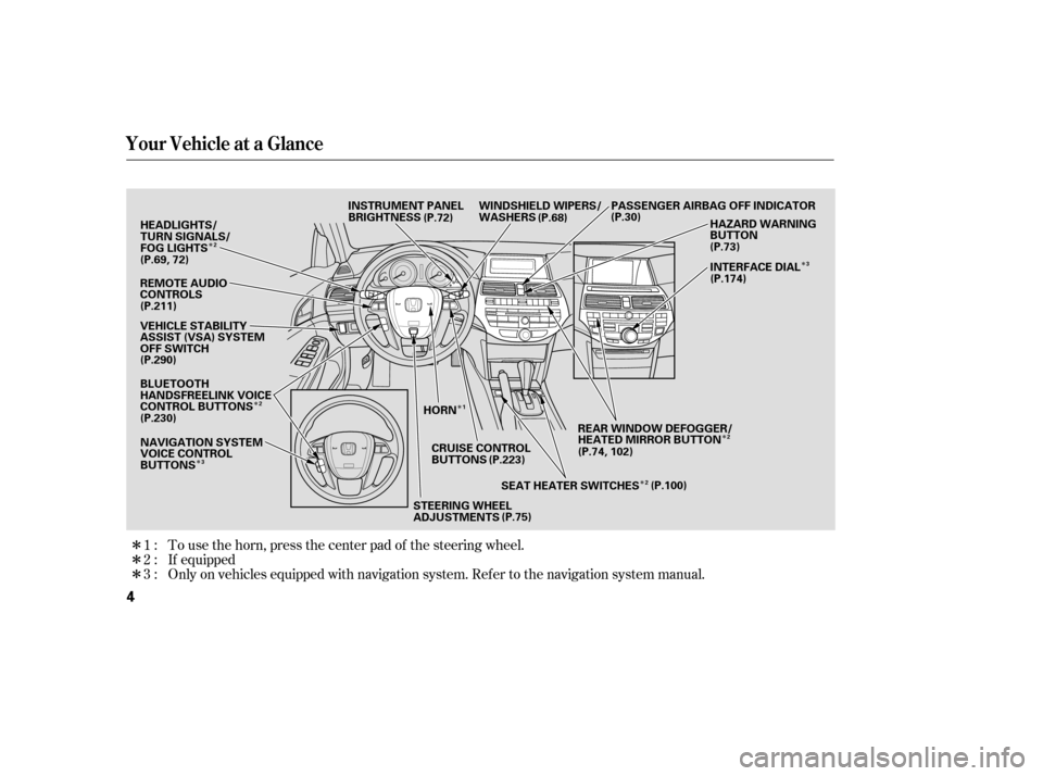 HONDA ACCORD 2010 8.G Owners Manual Î
Î Î
Î Î
Î Î
Î
Î
Î
Only on vehicles equipped with navigation system. Ref er to the navigati on system manual.
If equipped
To use the horn, press the center pad of the steering whe