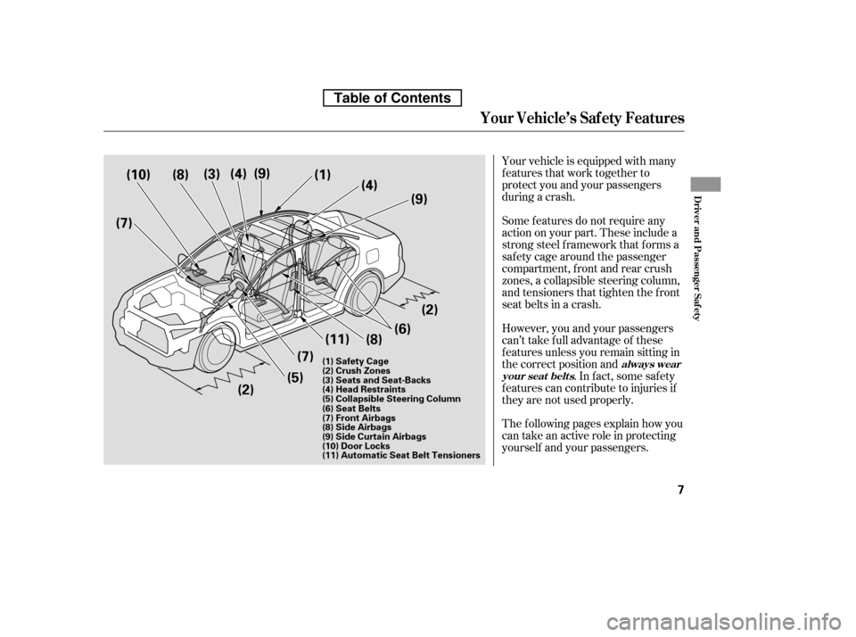 HONDA ACCORD 2010 8.G Owners Manual Your vehicle is equipped with many 
features that work together to
protect you and your passengers
during a crash. 
The f ollowing pages explain how you 
cantakeanactiveroleinprotecting
yourself and y