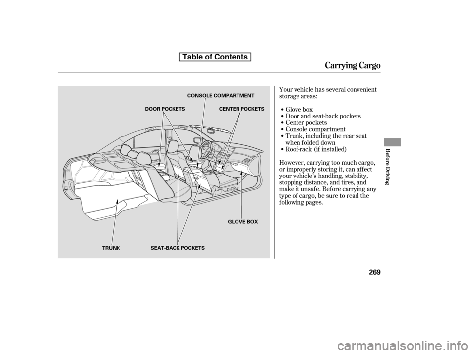HONDA ACCORD 2010 8.G Owners Manual Your vehicle has several convenient 
storage areas:Glove box
Door and seat-back pockets
Center pockets
Console compartment
Trunk, including the rear seat
when f olded down
Roof -rack (if installed)
Ho