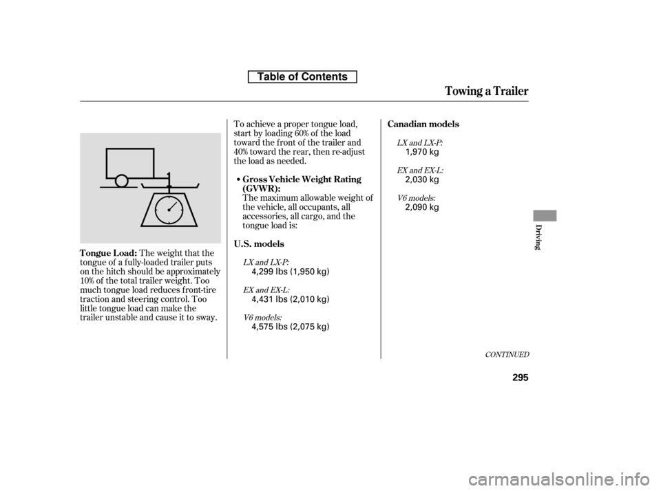 HONDA ACCORD 2010 8.G Owners Manual The maximum allowable weight of 
the vehicle, all occupants, all
accessories, all cargo, and the
tongue load is:
To achieve a proper tongue load,
start by loading 60% of the load
toward the front of t