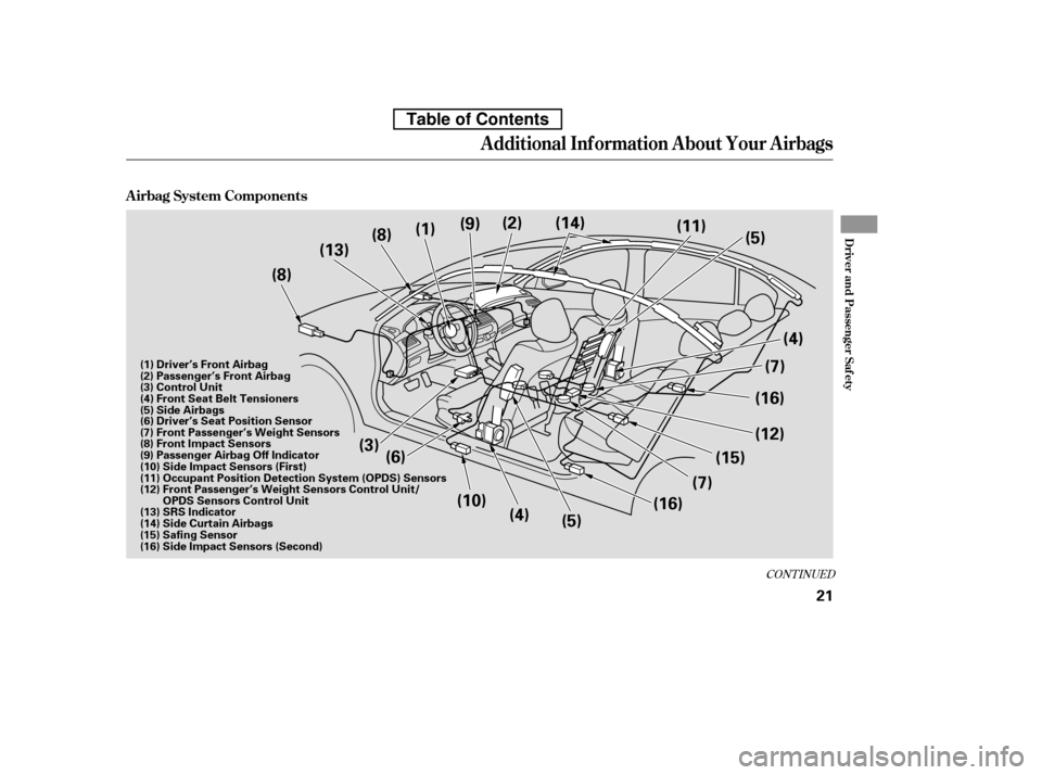 HONDA ACCORD 2010 8.G Owners Guide CONT INUED
Additional Inf ormation About Your Airbags
A irbag System Components
Driver and Passenger Saf ety
21
(3)(5) (7)
(4)
(7) (12)
(6)
(8)
(8)
(1)
(9)
(2)
(11)
(5)
(13) (14)
(10) (4) (15)(16)
(16