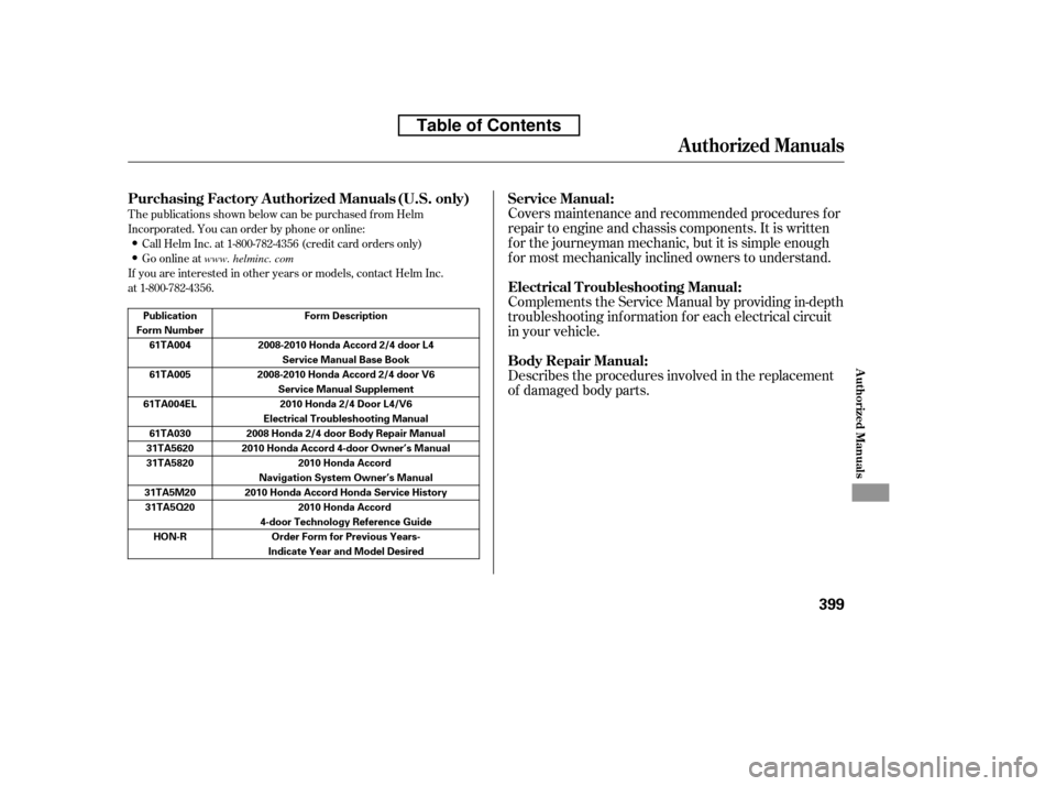 HONDA ACCORD 2010 8.G Owners Manual T he publications shown below can be purchased f rom Helm 
Incorporated. You can order by phone or online:Call Helm Inc. at 1-800-782-4356 (credit card orders only)
Go online at
If you are interested 