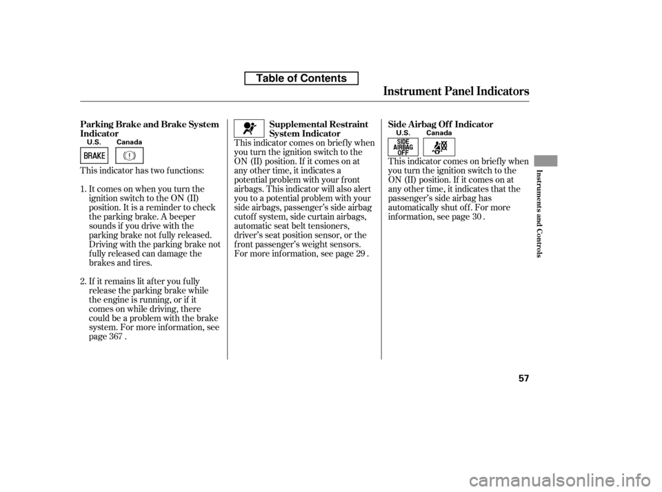 HONDA ACCORD 2010 8.G User Guide This indicator comes on brief ly when 
you turn the ignition switch to the
ON (II) position. If it comes on at
any other time, it indicates a
potential problem with your f ront
airbags. This indicator
