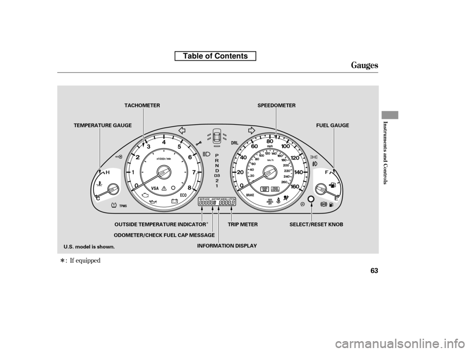 HONDA ACCORD 2010 8.G Manual PDF Î
ÎIf equipped
:
Gauges
Inst rument s and Cont rols
63
SELECT/RESET KNOB
TRIP METER
ODOMETER/CHECK FUEL CAP MESSAGE TACHOMETER
TEMPERATURE GAUGE SPEEDOMETER
U.S. model is shown. INFORMATION DISPLA