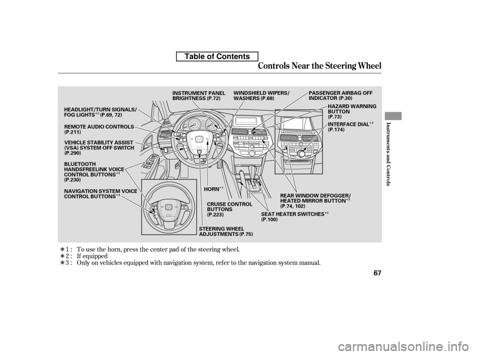 HONDA ACCORD 2010 8.G Manual Online ÎÎ
Î
ÎÎ
Î
Î
Î ÎÎ
If equipped
Only on vehicles equipped with navigation system, ref er to the navigati
on system manual.
To use the horn, press the center pad of the steering wheel.