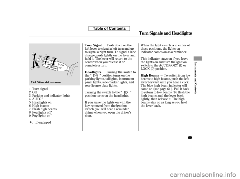 HONDA ACCORD 2010 8.G Owners Manual ÎÎ
Î µ
µ
µ
Î Turn signal 
Of f
Parking and indicator lights
AUTO
Headlights on
High beams
Flashhighbeams
Fog lights of f
Fog lights on Push down on the
lef t lever to signal a lef t turn