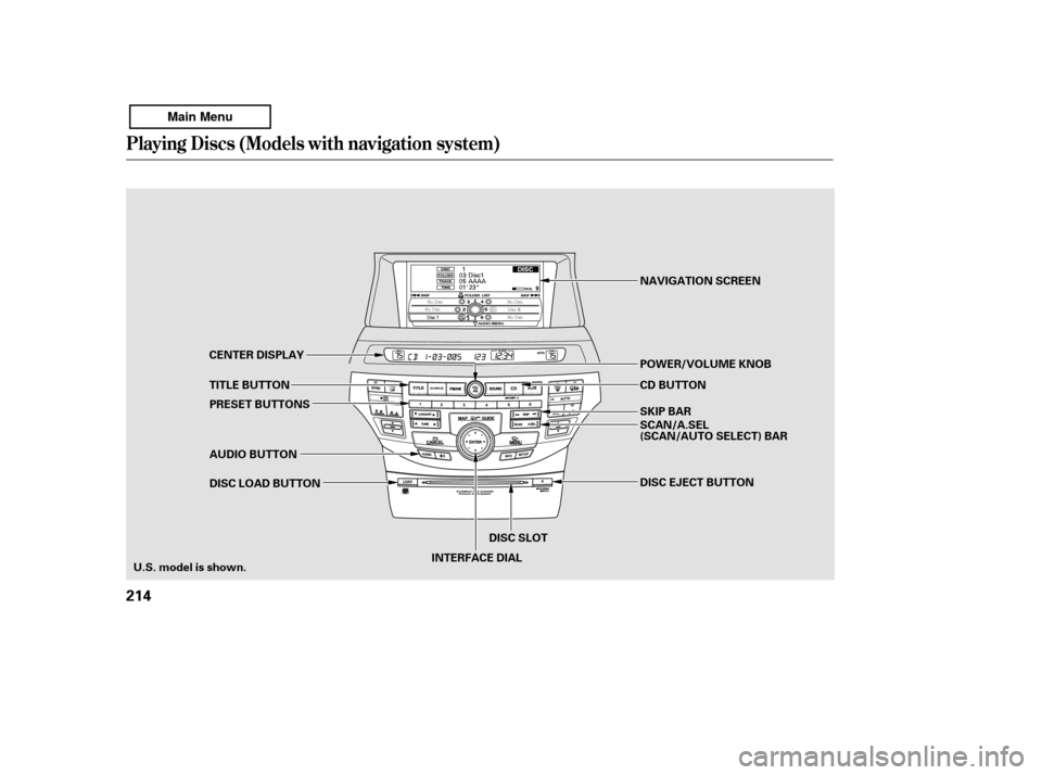 HONDA ACCORD 2011 8.G Owners Manual Playing Discs (Models with navigat ion syst em)
214
CENTER DISPLAY 
TITLE BUTTON
U.S. model is shown. AUDIO BUTTON
PRESET BUTTONS 
DISC LOAD BUTTON
INTERFACE DIALDISC SLOT DISC EJECT BUTTON
POWER/VOLU