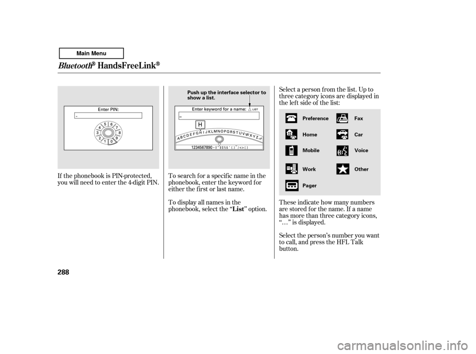 HONDA ACCORD 2011 8.G Owners Manual Select a person f rom the list. Up to 
three category icons are displayed in
the lef t side of the list: 
Select the person’s number you want 
to call, and press the HFL Talk
button.
These indicate 