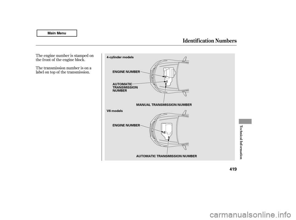 HONDA ACCORD 2011 8.G Owners Manual The transmission number is on a 
label on top of the transmission.
The engine number is stamped on
the f ront of the engine block.
Identif ication Numbers
T echnical Inf ormation
419
ENGINE NUMBER
V6 