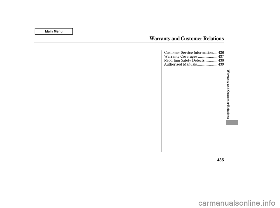 HONDA ACCORD 2011 8.G Owners Manual ....
Customer Service Inf ormation . 436
....................
Warranty Coverages . 437
.............
Reporting Saf ety Def ects . 438
.....................
Authorized Manuals . 439
Warrant y and Custo