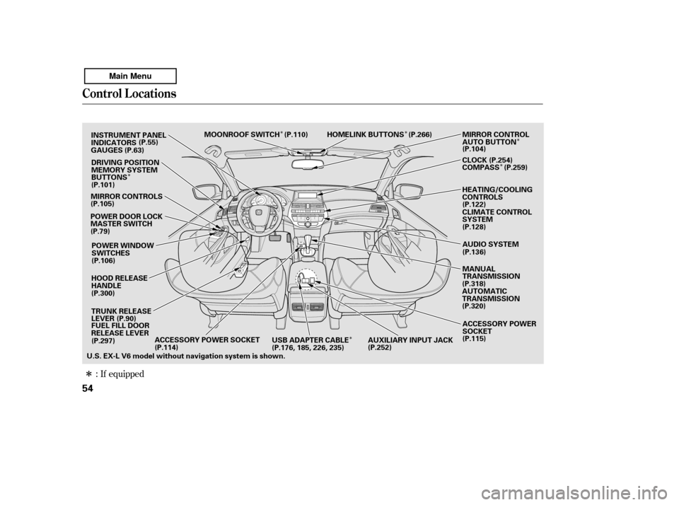 HONDA ACCORD 2011 8.G Owners Manual Î
ÎÎÎ
Î
Î
Î
If equipped
:
Control L ocat ions
54
MIRROR CONTROLS
CLIMATE CONTROL 
SYSTEM
HEATING/COOLING
CONTROLS
POWER DOOR LOCK
MASTER SWITCH
POWER WINDOW
SWITCHES
TRUNK RELEASE
LEVER 