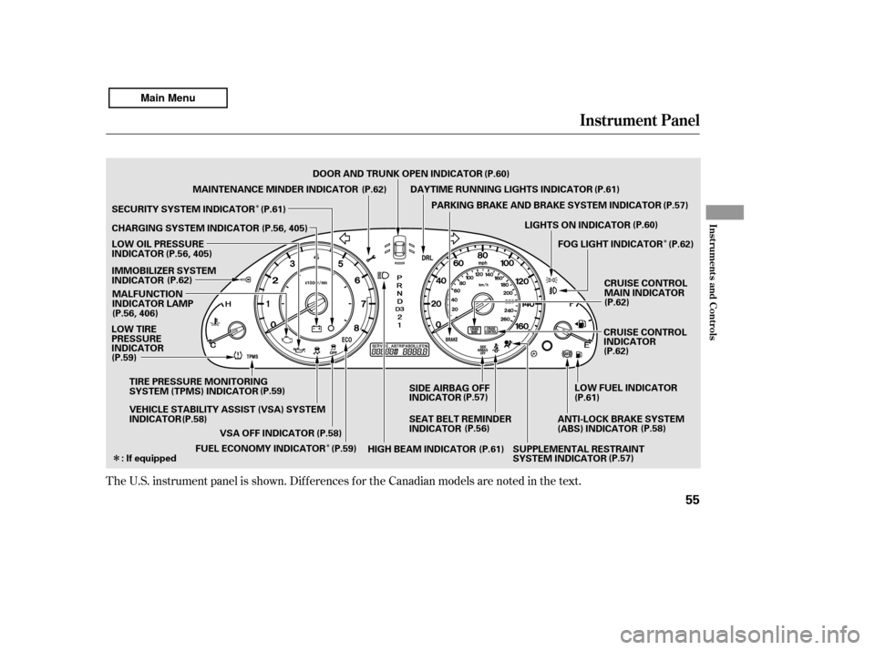 HONDA ACCORD 2011 8.G Owners Manual ÎÎ
Î
Î
The U.S. instrument panel is shown. Dif f erences f or the Canadian models are noted in the tex
t.
Instrument Panel
Inst rument s and Cont rols
55
(P.57)
(P.62)
: If equipped LOW FUEL I