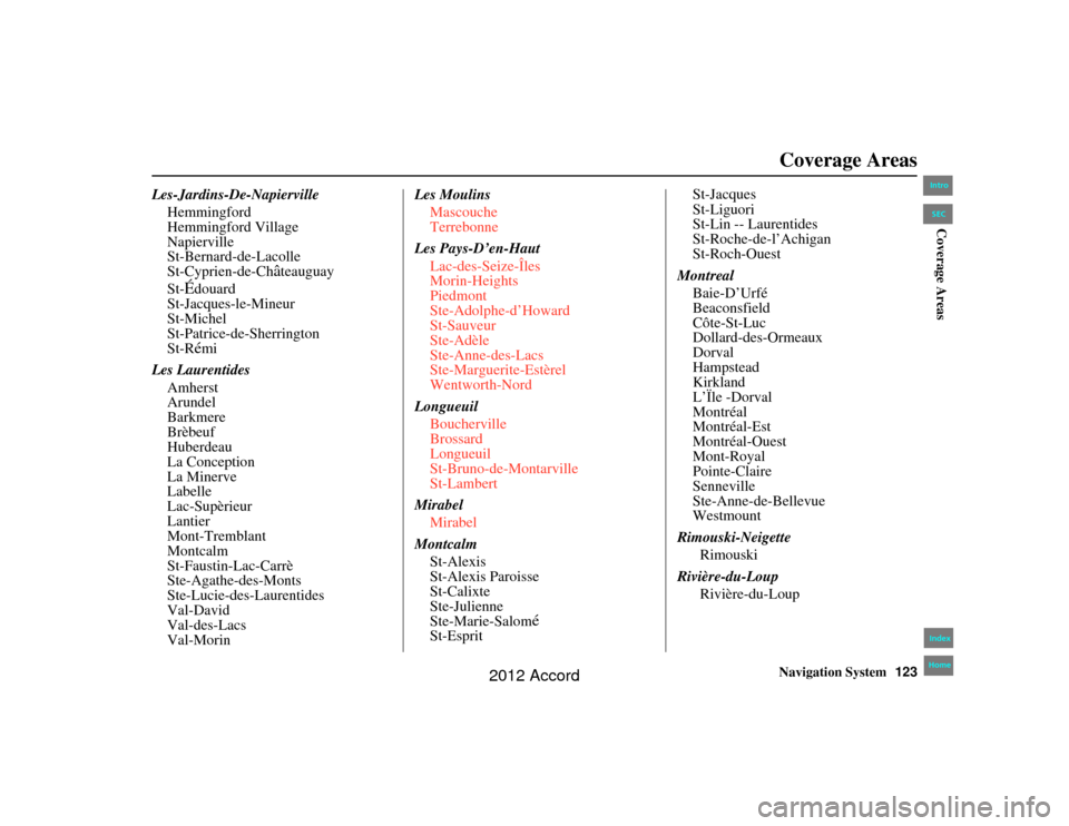 HONDA ACCORD 2012 8.G Navigation Manual Navigation System123
Accord 2D4D_KA  31TA5840
Les-Jardins-De-Napierville
Hemmingford
Hemmingford Village
Napierville
St-Bernard-de-Lacolle
St-Cyprien-de-Ch
âteauguay
St-
Édouard
St-Jacques-le-Mineur