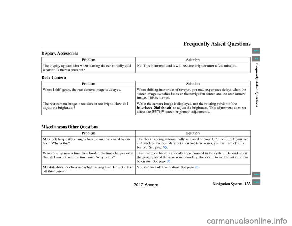 HONDA ACCORD 2012 8.G Navigation Manual Navigation System133
Accord 2D4D_KA  31TA5840
Frequently Asked Questions
Display, Accessories
Rear Camera
Miscellaneous Other Questions
Problem Solution
The display appears dim when st arting the car 