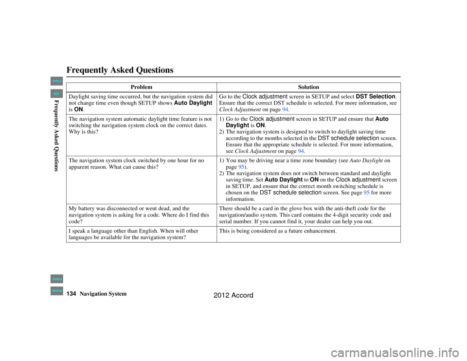 HONDA ACCORD 2012 8.G Navigation Manual 134
Navigation System
Accord 2D4D_KA  31TA5840
Frequently Asked QuestionsDaylight saving time occurred, but the navigation system did 
not change time even though SETUP shows Auto Daylight 
is  ON . G