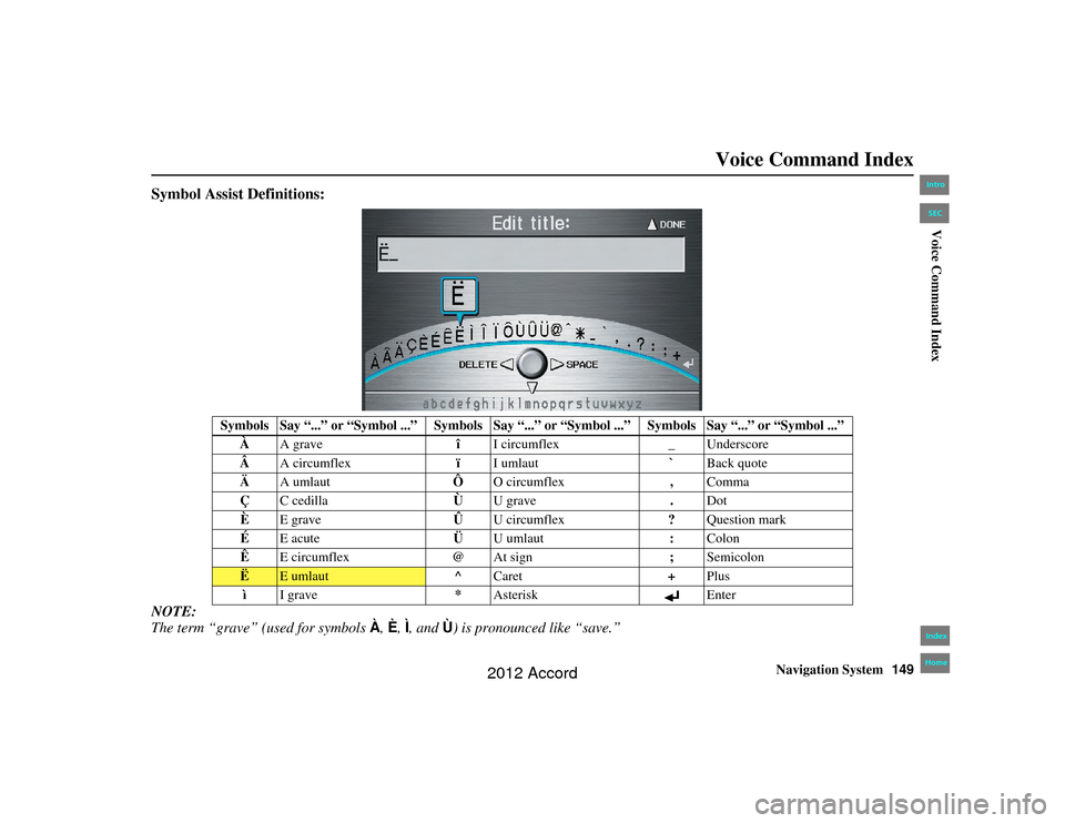 HONDA ACCORD 2012 8.G Navigation Manual Navigation System149
Accord 2D4D_KA 31TA5840Voice Command Index
Symbol Assist Definitions:NOTE:
The term “grave” (used for symbols À, È, Ì, and Ù) is pronounced like “save.”
Symbols Say HONDA ACCORD 2012 8.G Navigation Manual Navigation System149
Accord 2D4D_KA 31TA5840Voice Command Index
Symbol Assist Definitions:NOTE:
The term “grave” (used for symbols À, È, Ì, and Ù) is pronounced like “save.”
Symbols Say