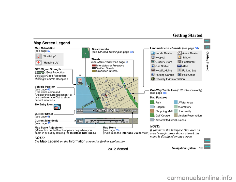 HONDA ACCORD 2012 8.G Navigation Manual Navigation System19
Accord 2D4D_KA  31TA5840
Getting Started
Map Screen Legend
Acura Dealer
School
Restaurant
AT M
Parking Lot
Post Office
Honda Dealer
Hospital
Grocery Store
Gas Station
Hotel/Lodging