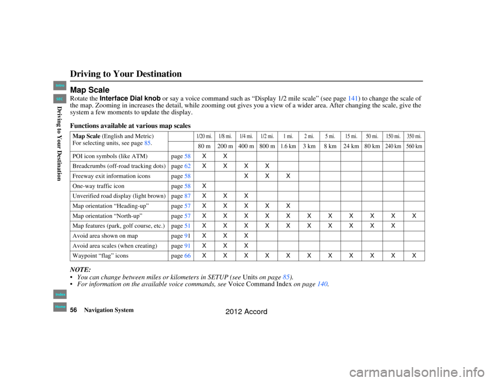 HONDA ACCORD 2012 8.G Navigation Manual 56
Navigation System
Accord 2D4D_KA  31TA5840
Map ScaleRotate the Interface Dial knob or say a voice command such as “Display 1/2 mile scale” (see page 141) to change the scale of 
the map. Zoomin