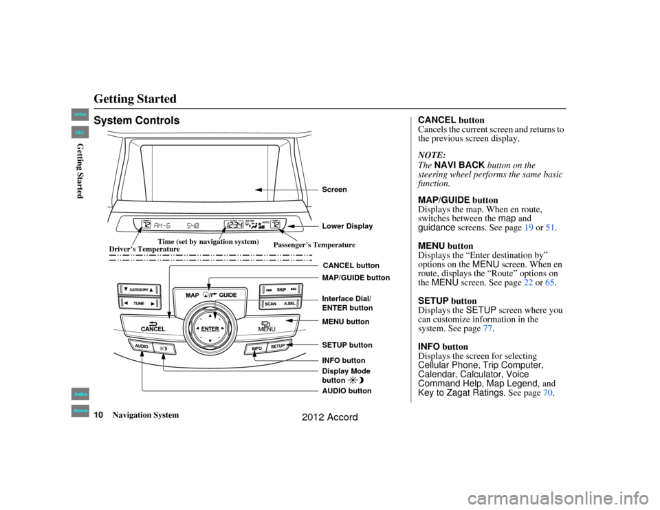 HONDA ACCORD 2012 8.G Navigation Manual 10
Navigation System
Accord 2D4D_KA 31TA5840
Getting StartedSystem Controls
CANCEL button
SETUP button
INFO button Interface Dial/
ENTER button
MENU button
AUDIO button MAP/GUIDE button Lower Displa HONDA ACCORD 2012 8.G Navigation Manual 10
Navigation System
Accord 2D4D_KA 31TA5840
Getting StartedSystem Controls
CANCEL button
SETUP button
INFO button Interface Dial/
ENTER button
MENU button
AUDIO button MAP/GUIDE button Lower Displa