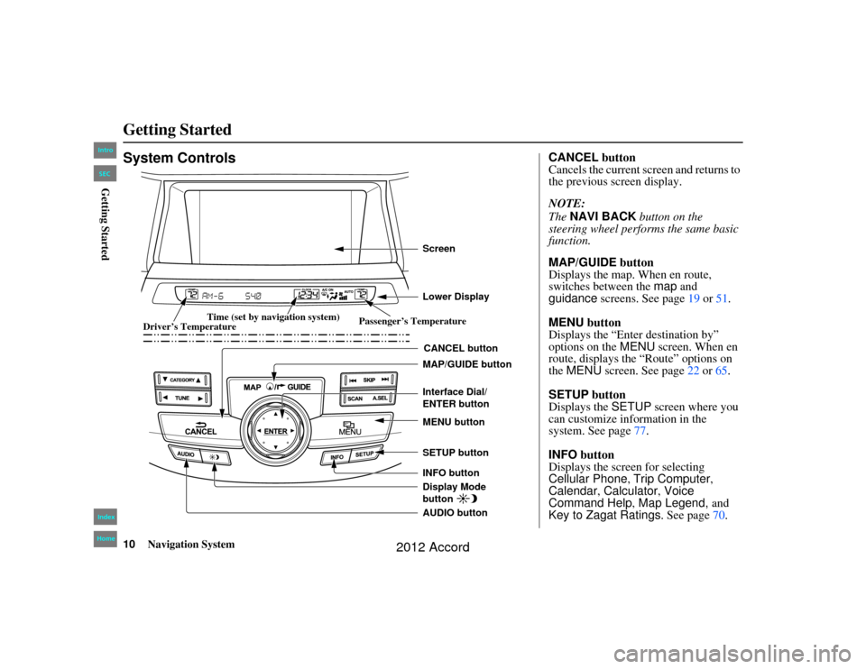 HONDA ACCORD 2012 8.G Navigation Manual 10
Navigation System
Accord 2D4D_KA  31TA5840
Getting StartedSystem Controls
CANCEL button
SETUP button
INFO button Interface Dial/ 
ENTER button
MENU button
AUDIO button MAP/GUIDE button Lower Displa