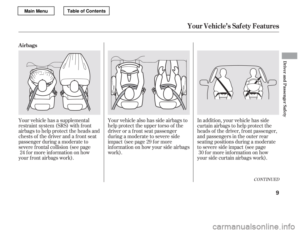 HONDA ACCORD 2012 8.G User Guide CONT INUED
Your vehicle has a supplemental 
restraint system (SRS) with f ront
airbags to help protect the heads and
chests of the driver and a front seat
passenger during a moderate to
severe f ronta