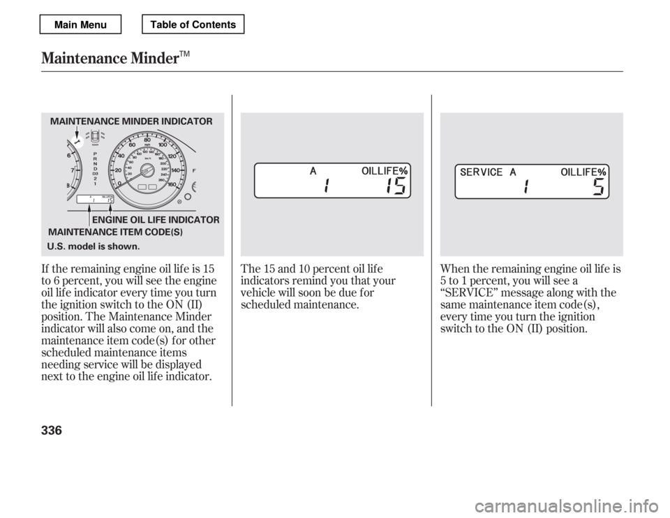 HONDA ACCORD 2012 8.G Owners Manual If the remaining engine oil lif e is 15 
to 6 percent, you will see the engine
oil lif e indicator every time you turn
the ignition switch to the ON (II)
position. The Maintenance Minder
indicator wil
