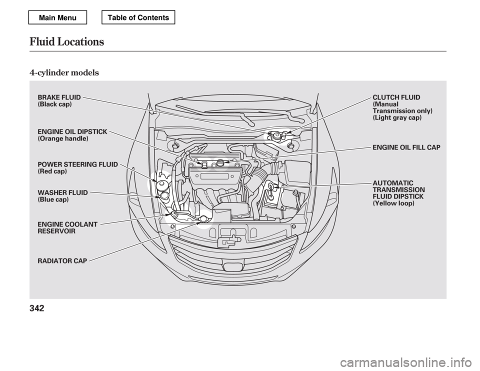 HONDA ACCORD 2012 8.G Owners Manual Fluid Locations
4-cylinder models
342
CLUTCH FLUID 
(Manual 
Transmission only) 
(Light gray cap) 
AUTOMATIC 
TRANSMISSION 
FLUID DIPSTICK
(Yellow loop)
BRAKE FLUID 
(Black cap) 
ENGINE OIL DIPSTICK 
