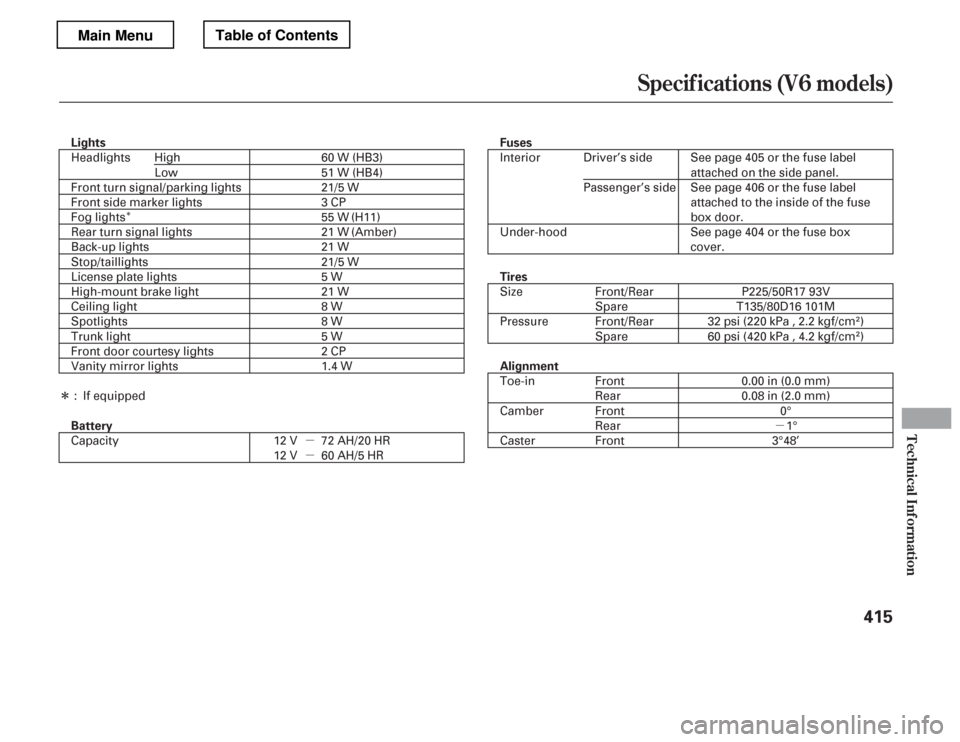 HONDA ACCORD 2012 8.G Owners Manual µ
Î
µ µ
Î
Specif ications (V6 models)
T echnical Inf ormat ion
415
Fuses 
Tires 
Alignment
Lights Battery Interior 
Under-hood Size 
Pressure
P225/50R17 93V
T135/80D16 101M
32 psi (220 kPa ,