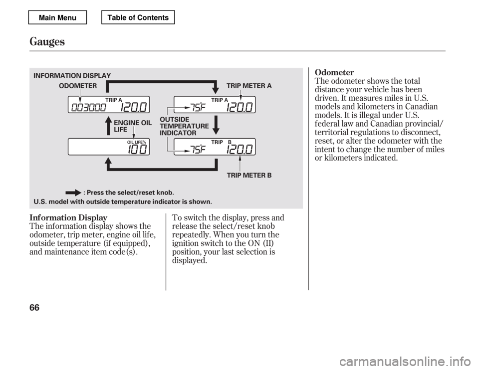 HONDA ACCORD 2012 8.G Manual PDF The odometer shows the total 
distance your vehicle has been
driven. It measures miles in U.S.
models and kilometers in Canadian
models. It is illegal under U.S.
f ederal law and Canadian provincial/
