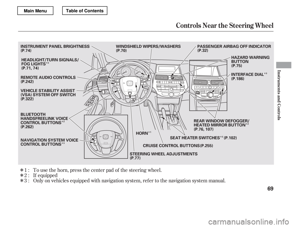 HONDA ACCORD 2012 8.G Manual PDF Î ÎÎ
Î
Î
Î
Î
Î
Î
Î
If equipped
Only on vehicles equipped with navigation system, ref er to the navigati on system manual.
To use the horn, press the center pad of the steering whee